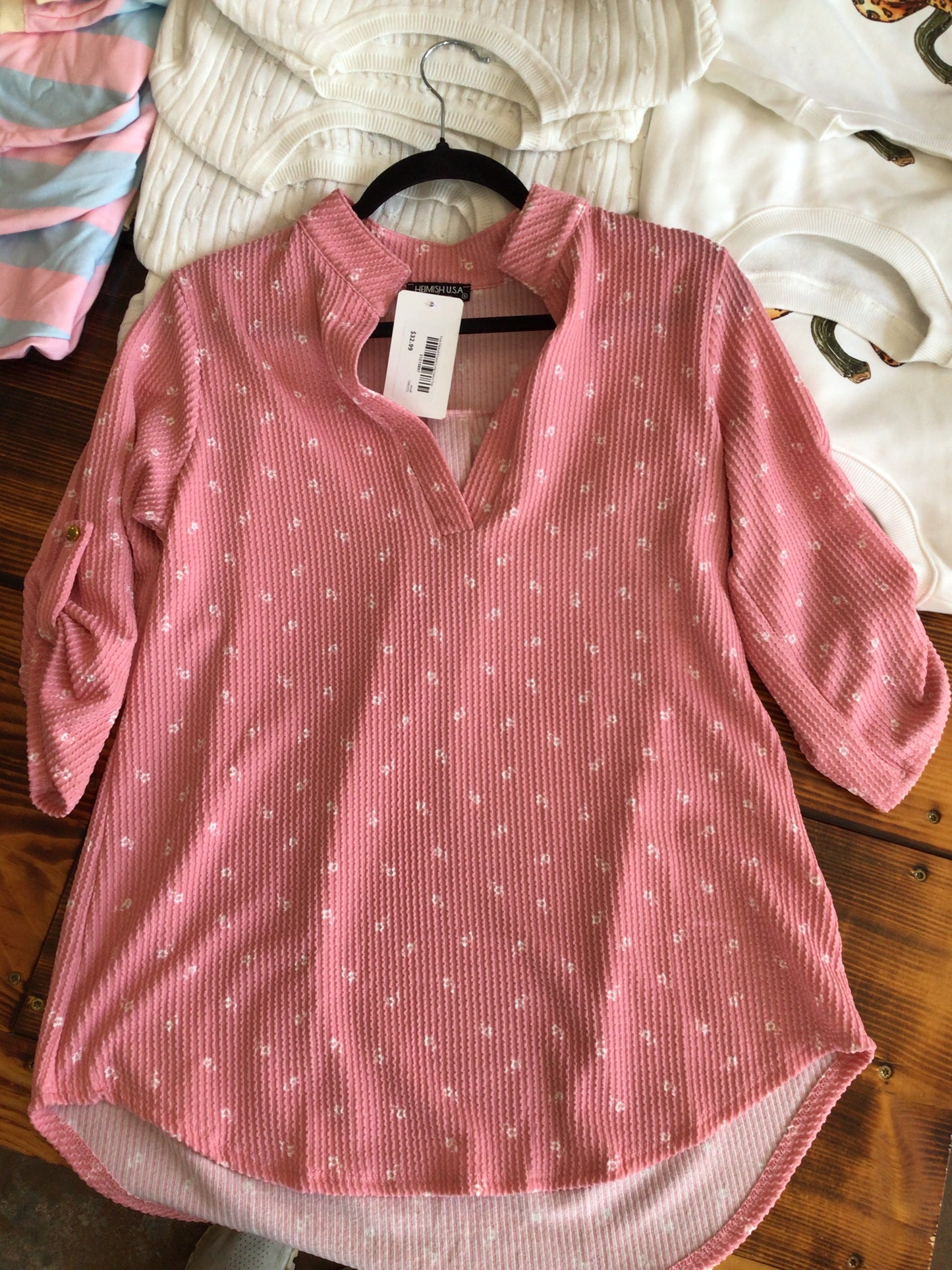 Pink Ribbed Flower Long sleeve Top