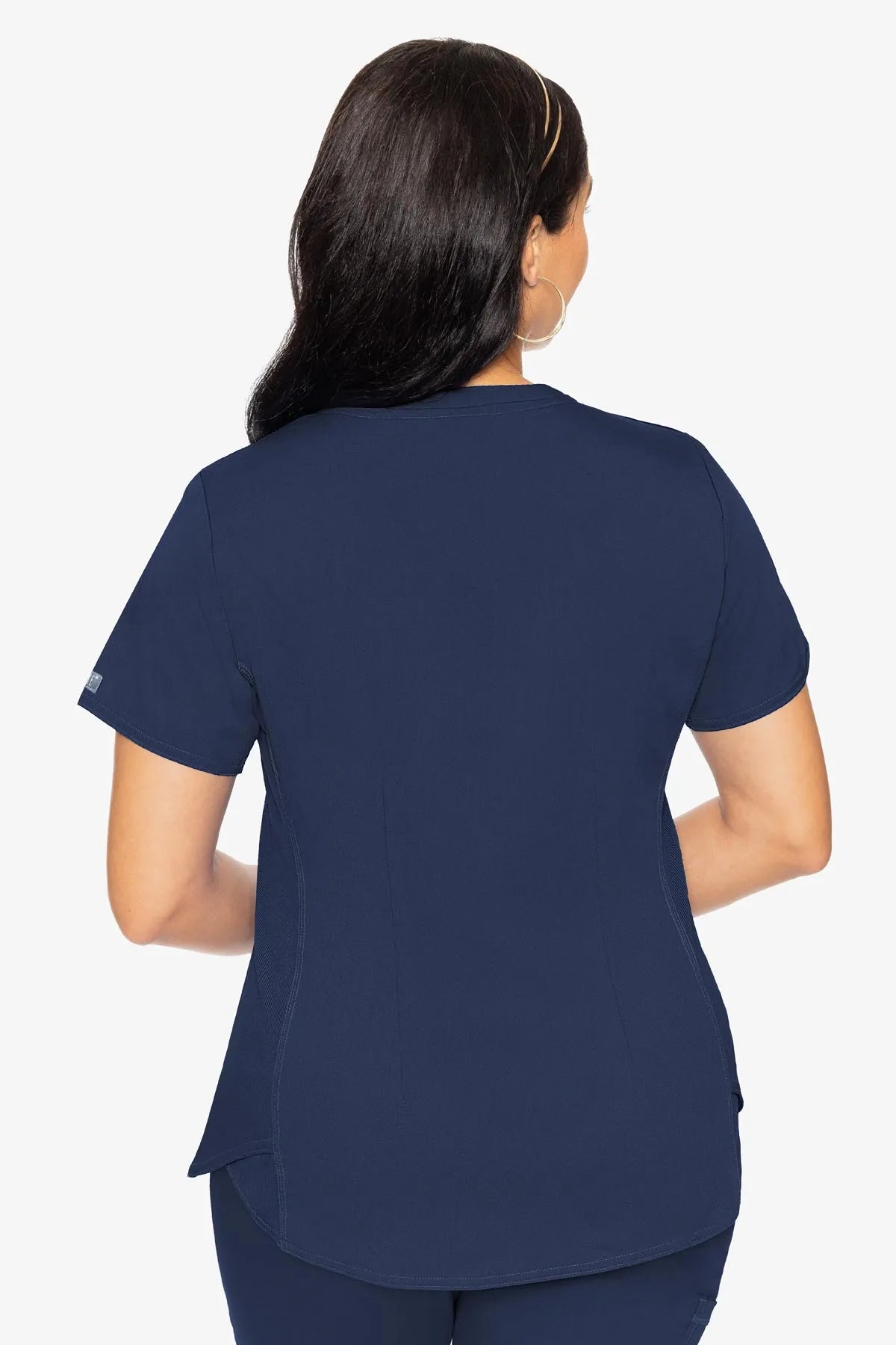 Med Couture Touch V-Neck Scrub Top for Women with 4 Pockets, Rib-Knit Side Panel, and Shirttail Hem MC7459