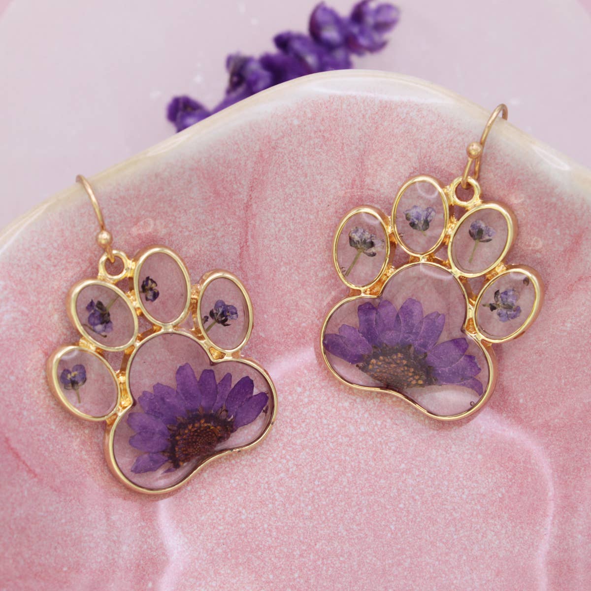 ZAD - Precious Paw Purple Dried Flower Gold Earrings