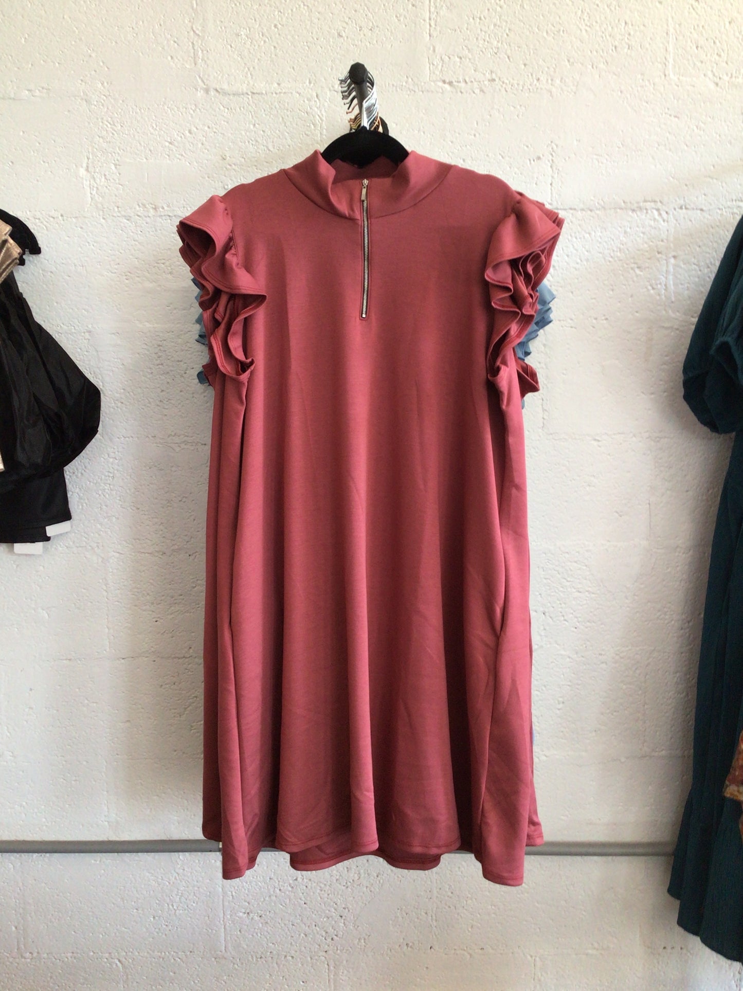 Burgundy zipper dress with ruffle sleeves