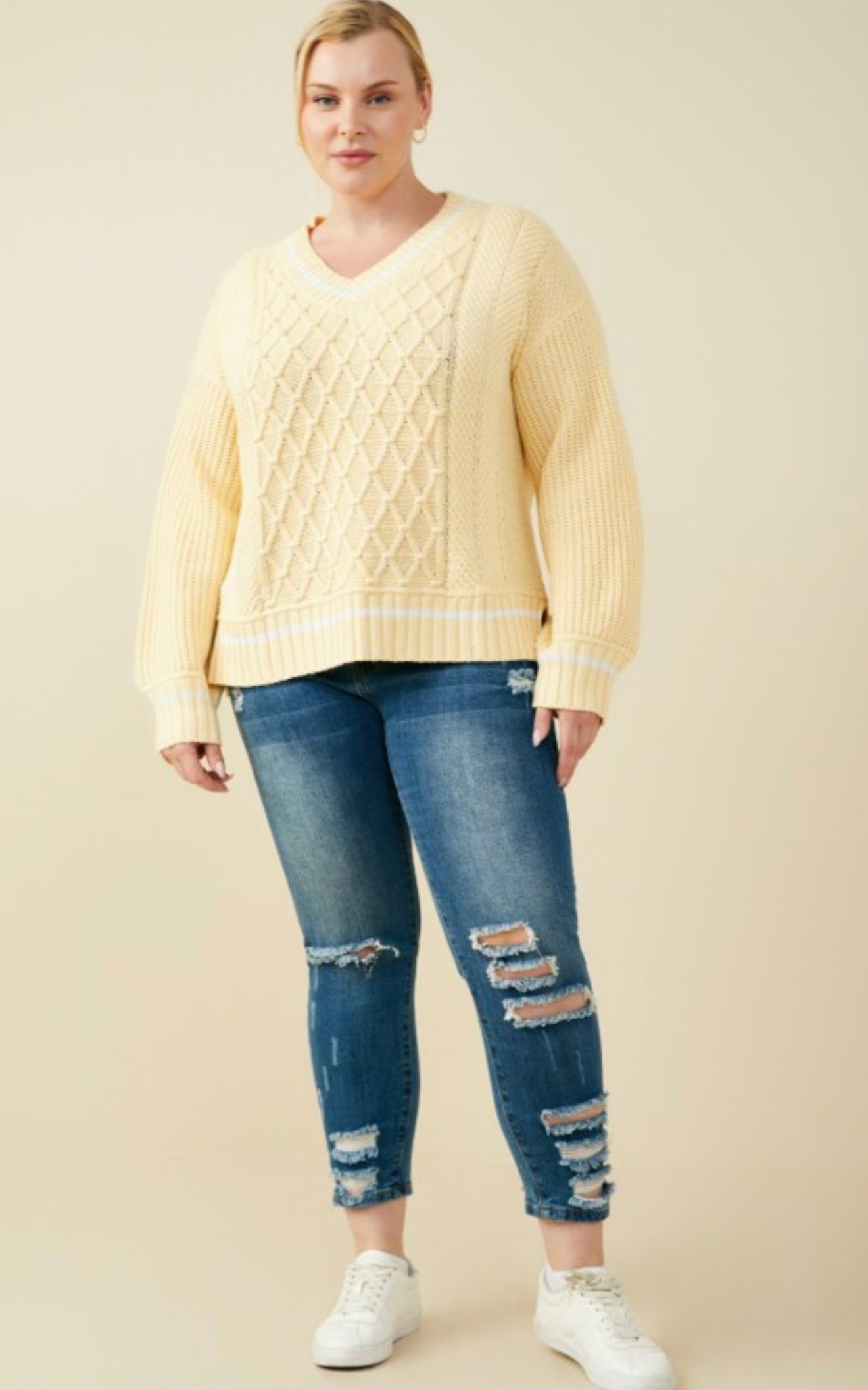 Women’s Yellow Cable Knit Sweater | Cozy V-Neck Pullover