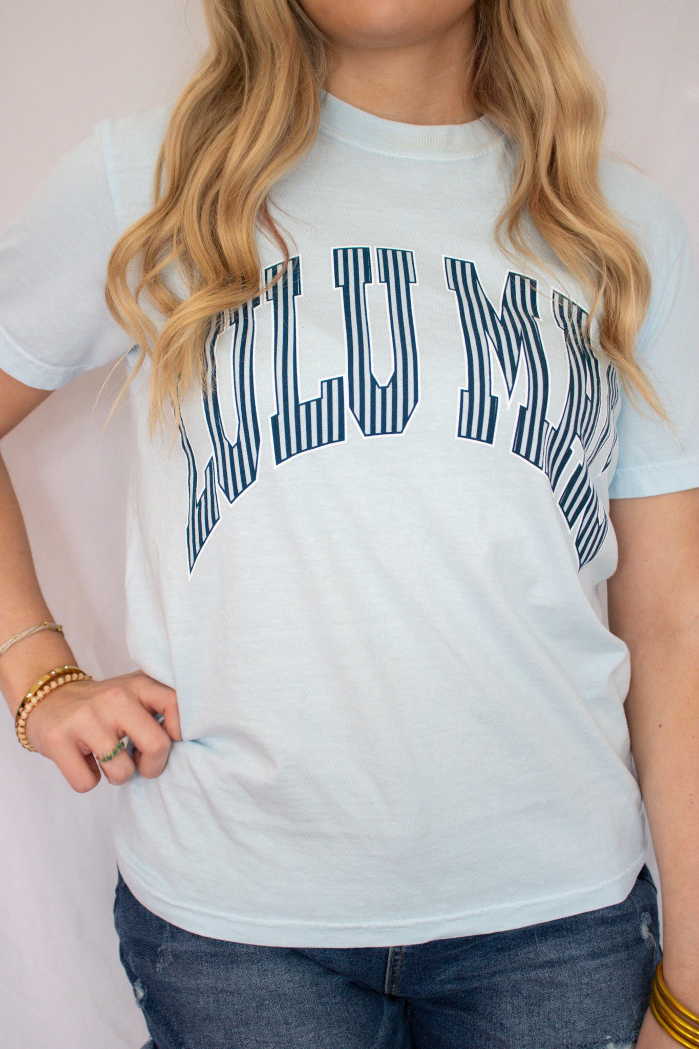 LULU MAC Striped Varsity Graphic Tee – Light Blue SBC