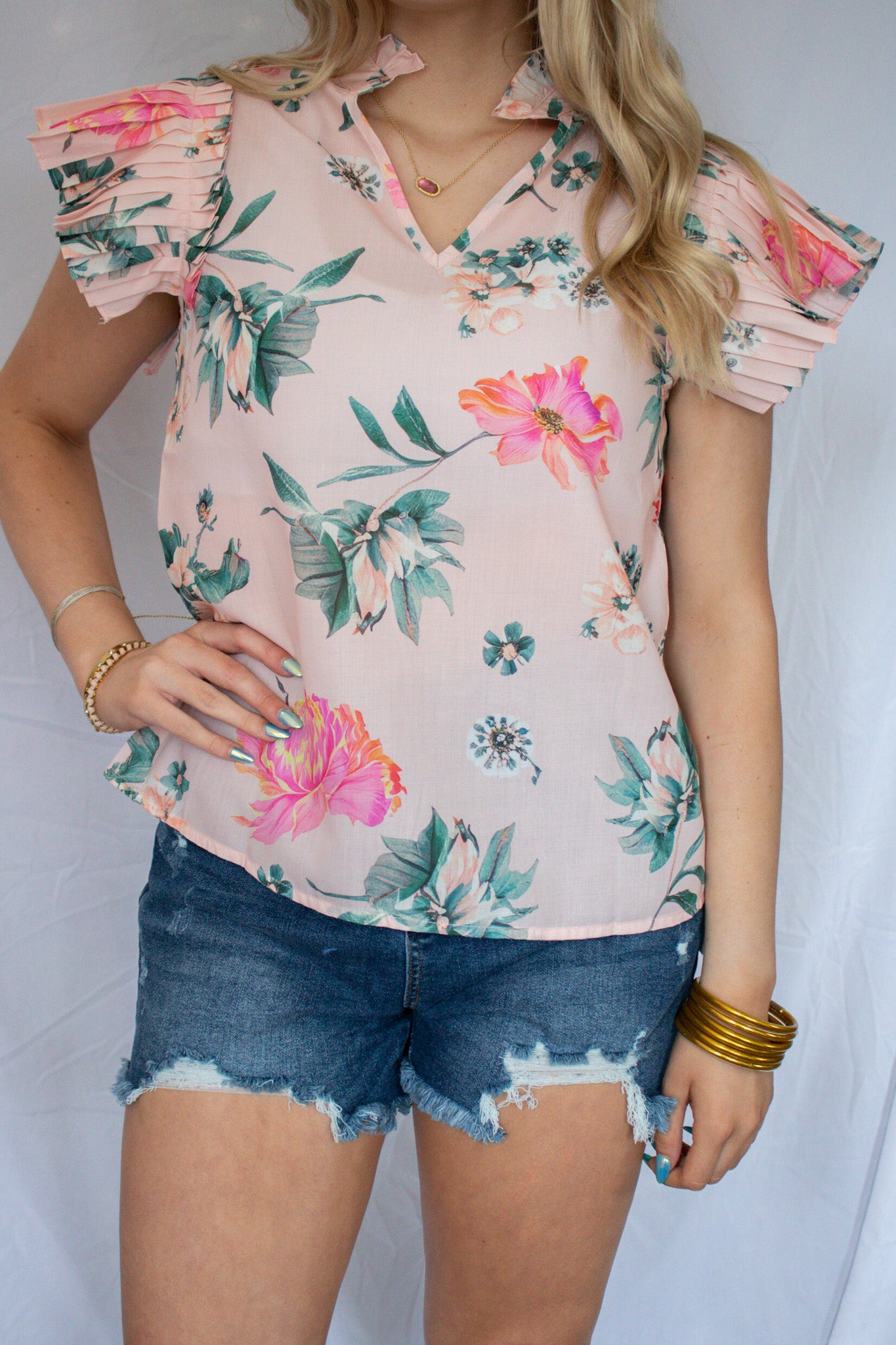 Pink Floral V-neck Top