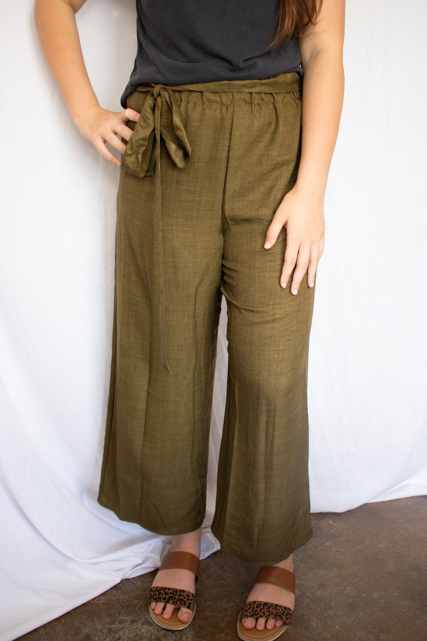 Paper Bag Waist Trouser with Wrap Around Front Tie Belt - Olive