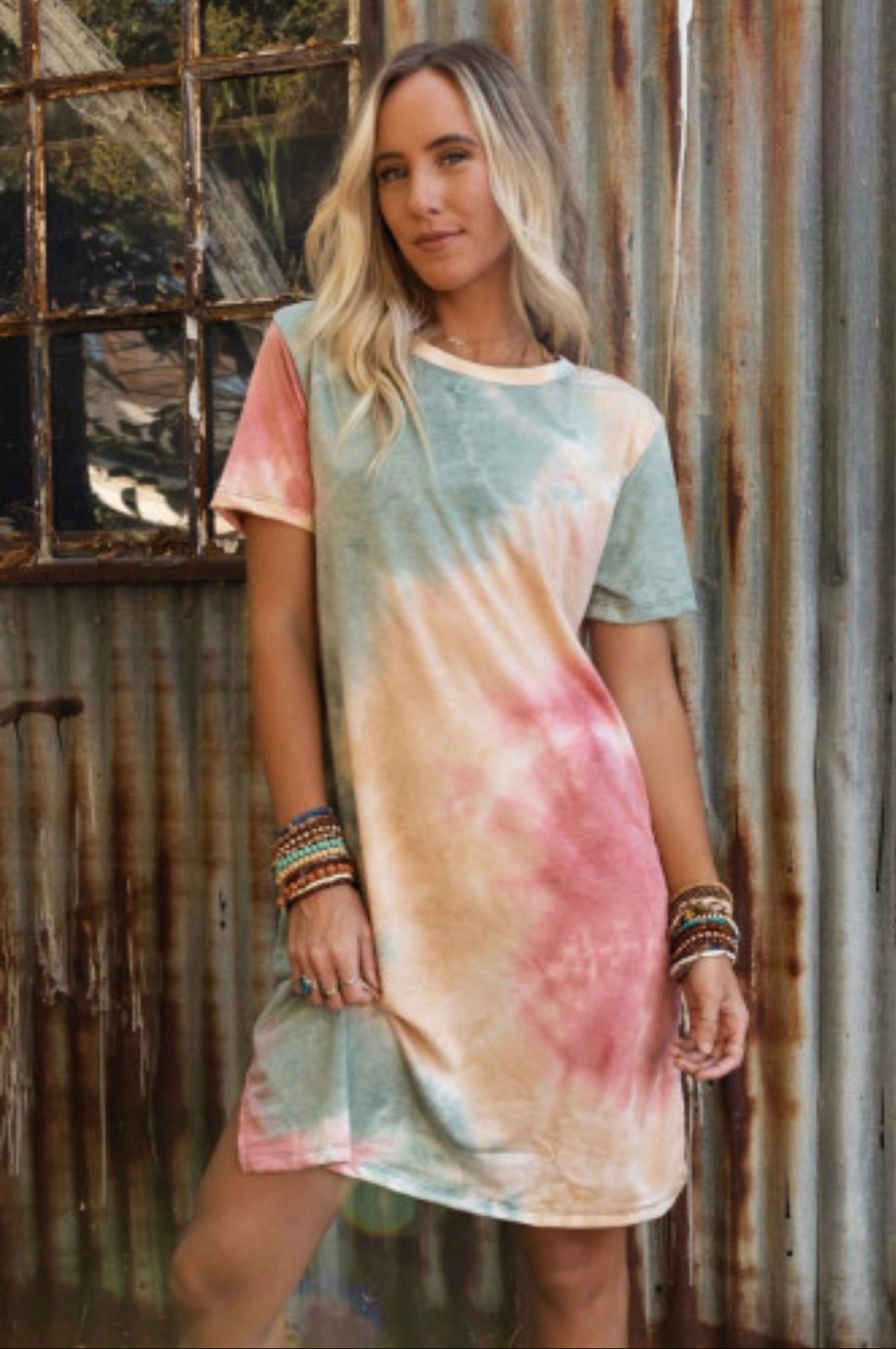 Tie Dye Multicolor Oversized Slit Tee Dress