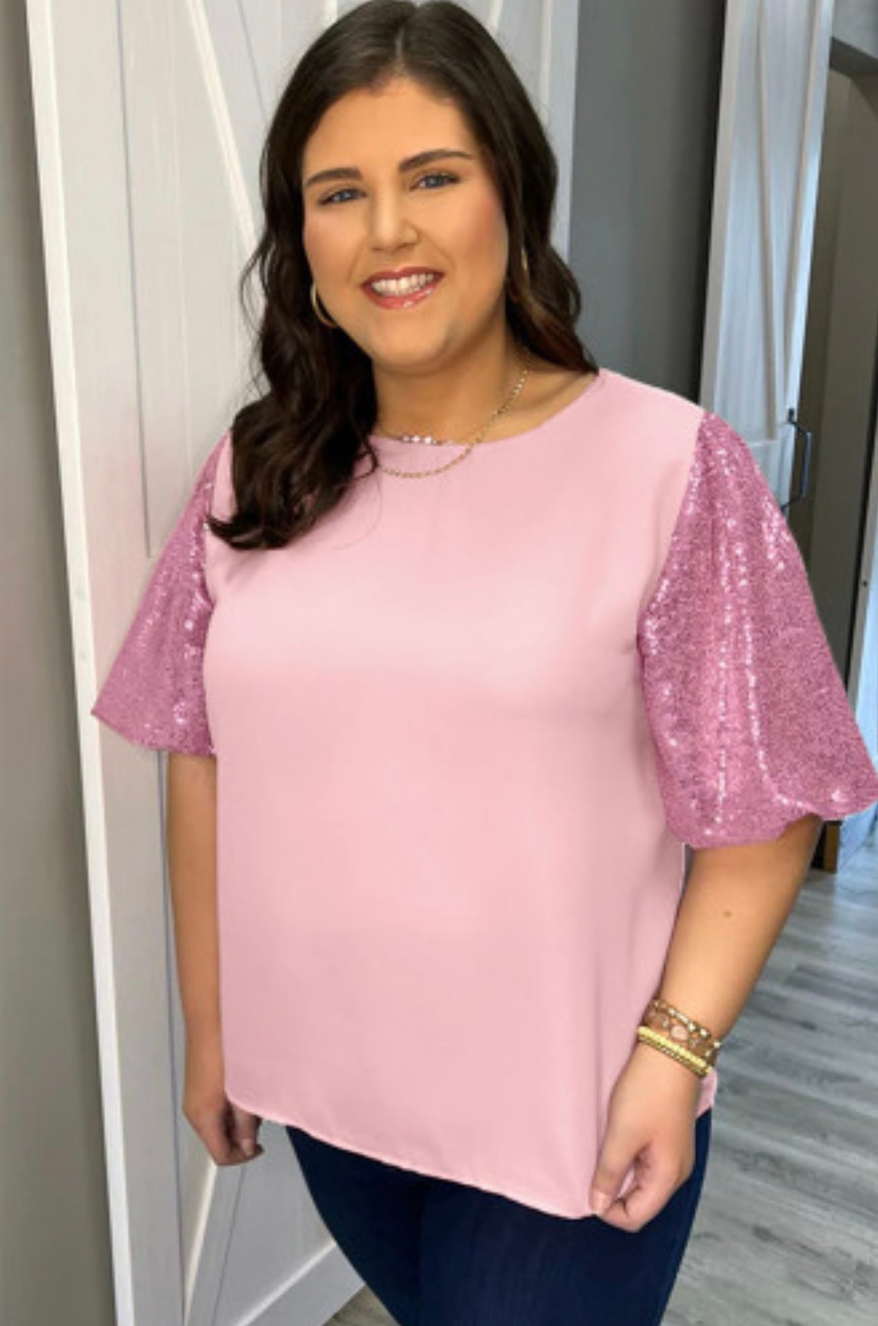 Pink Sequined Bubble Sleeve Top