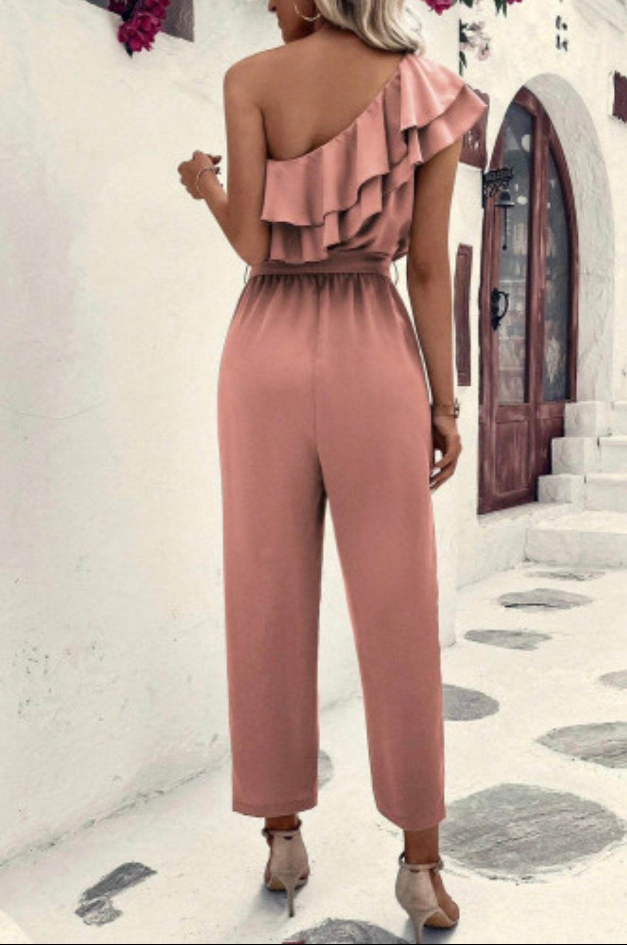 Dusty Pink One Shoulder Ruffle Trim Belted Jumpsuit
