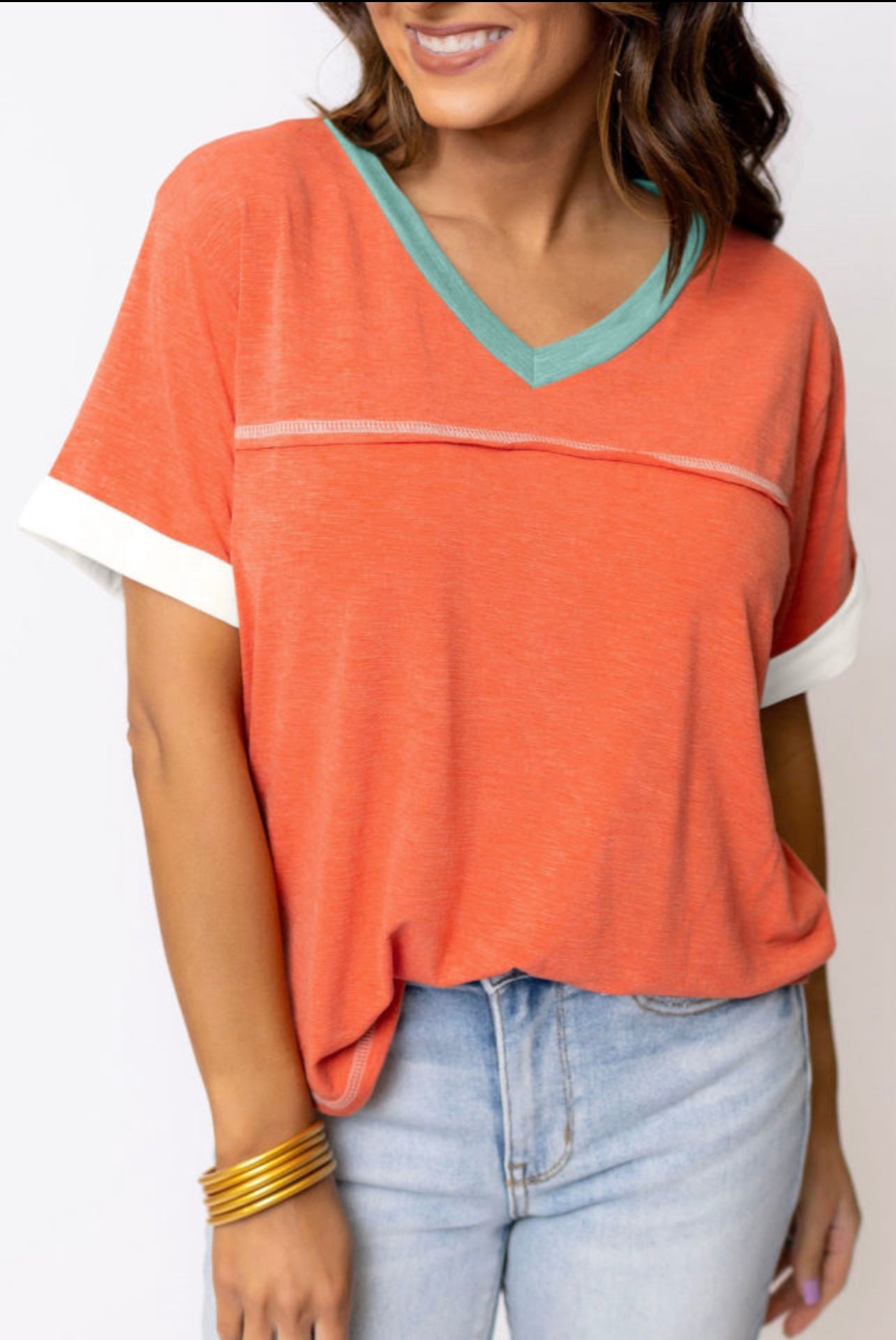 Grapefruit Contrast Trim Vneck Tees