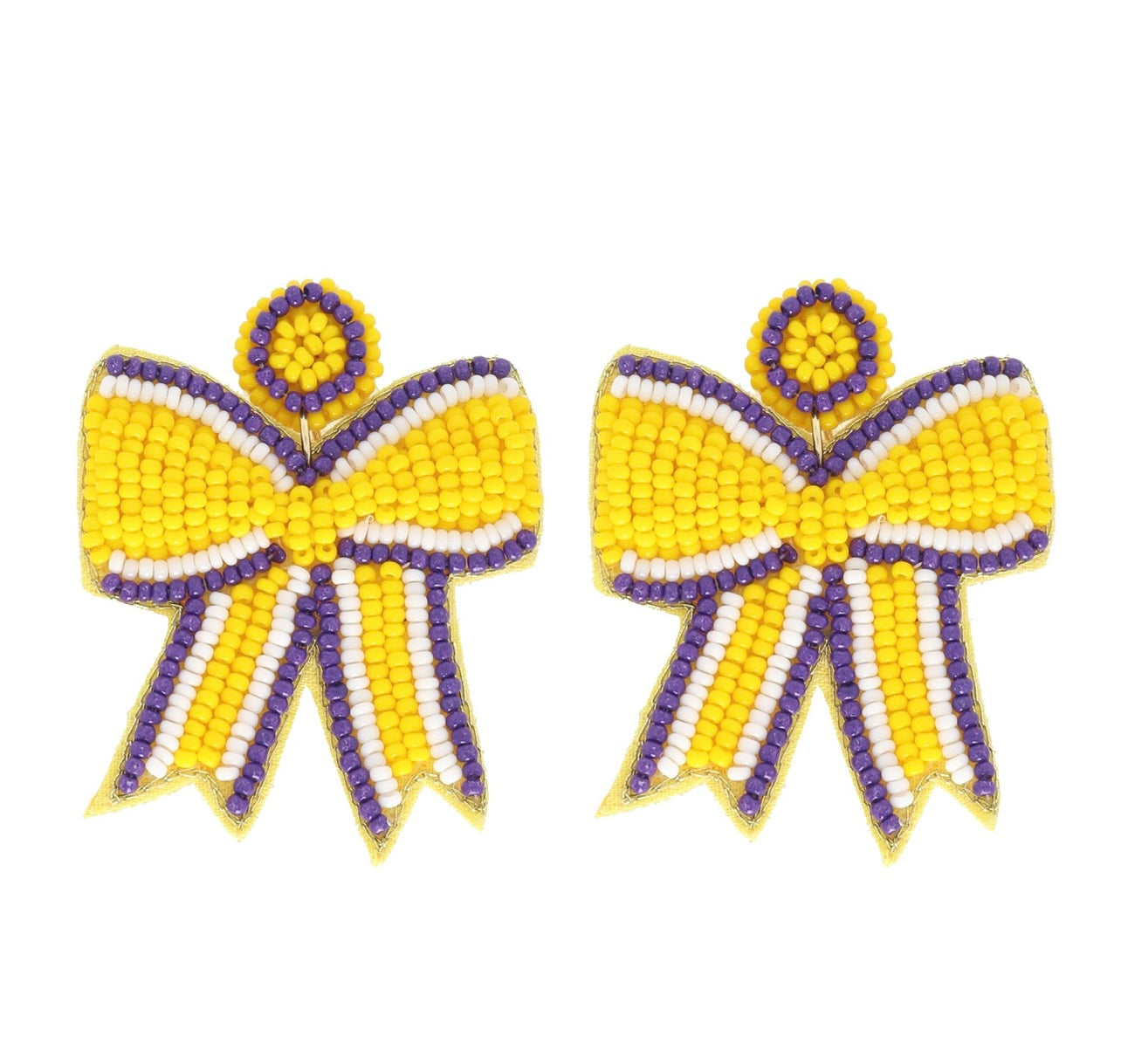 Yellow and Purple Bow Beaded Earrings