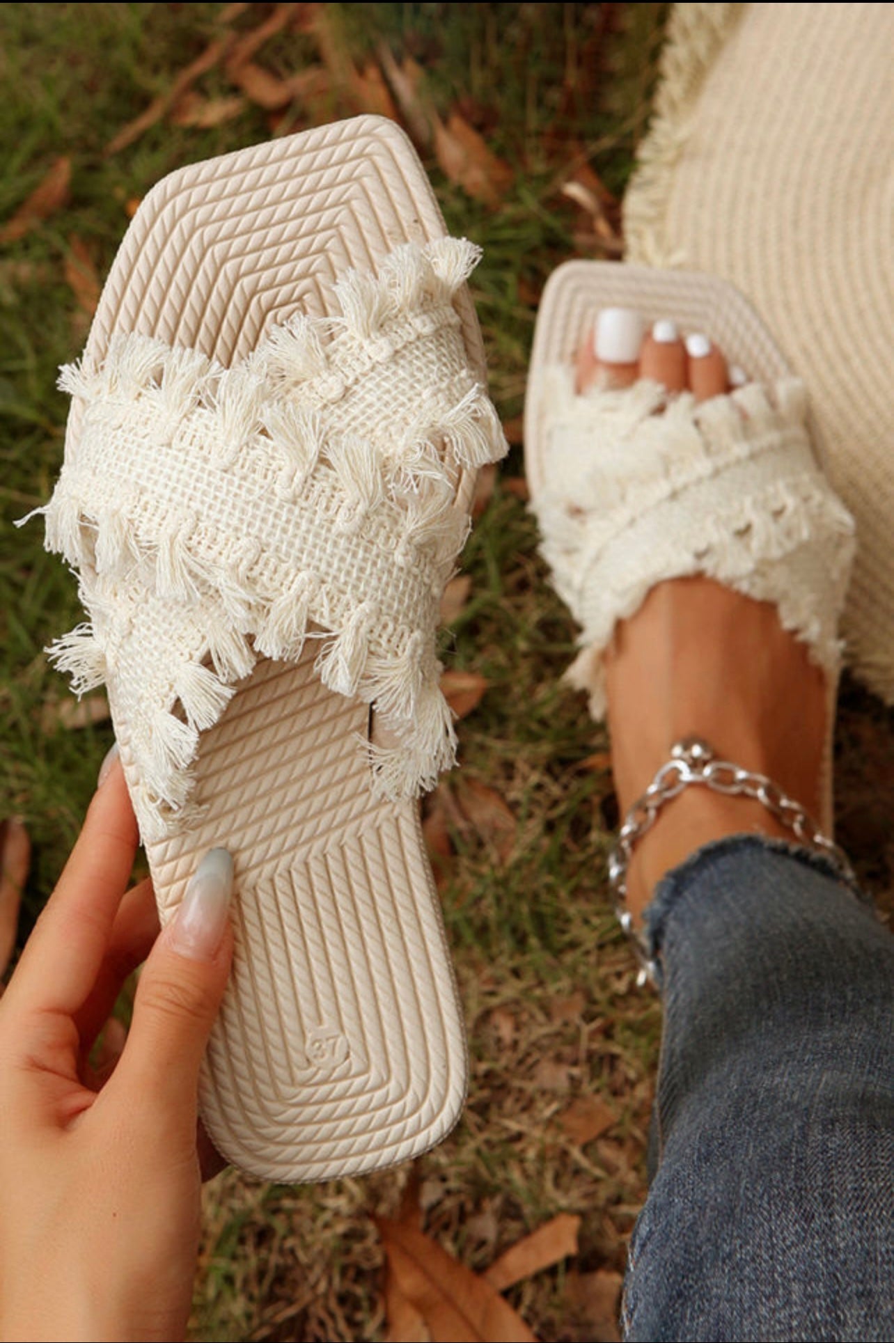 Beige Bohemian Tassel Flip Flops