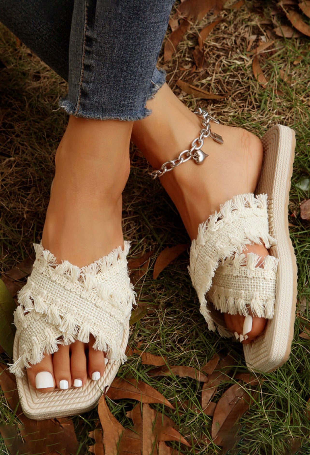 Beige Bohemian Tassel Flip Flops