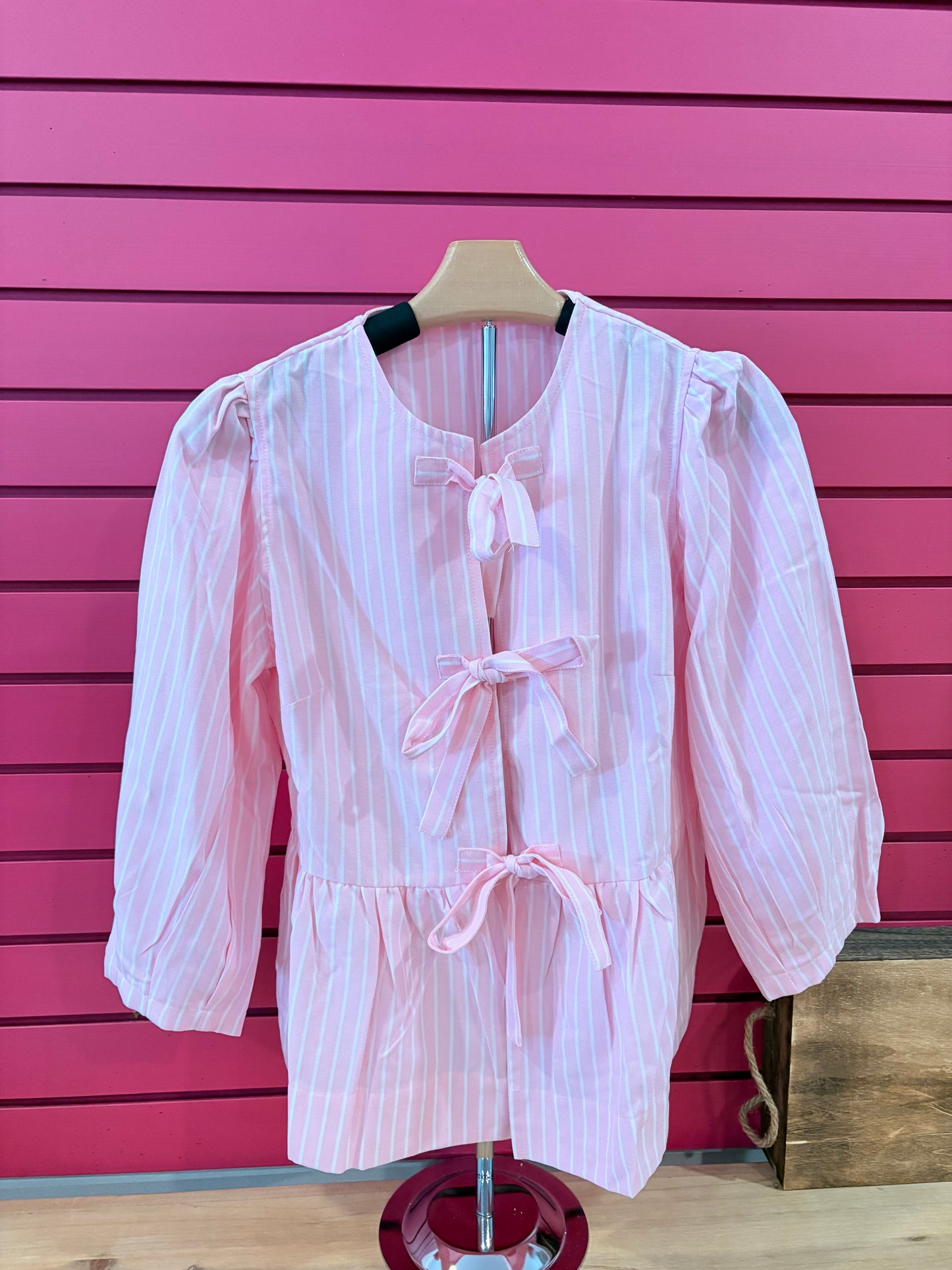 Pink and White Striped Tie Long sleeve Top