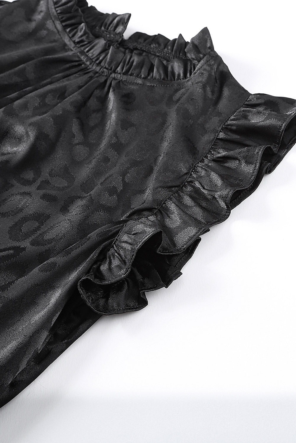 Black Satin Leopard Tie Waist Frilled Sleeveless Dress