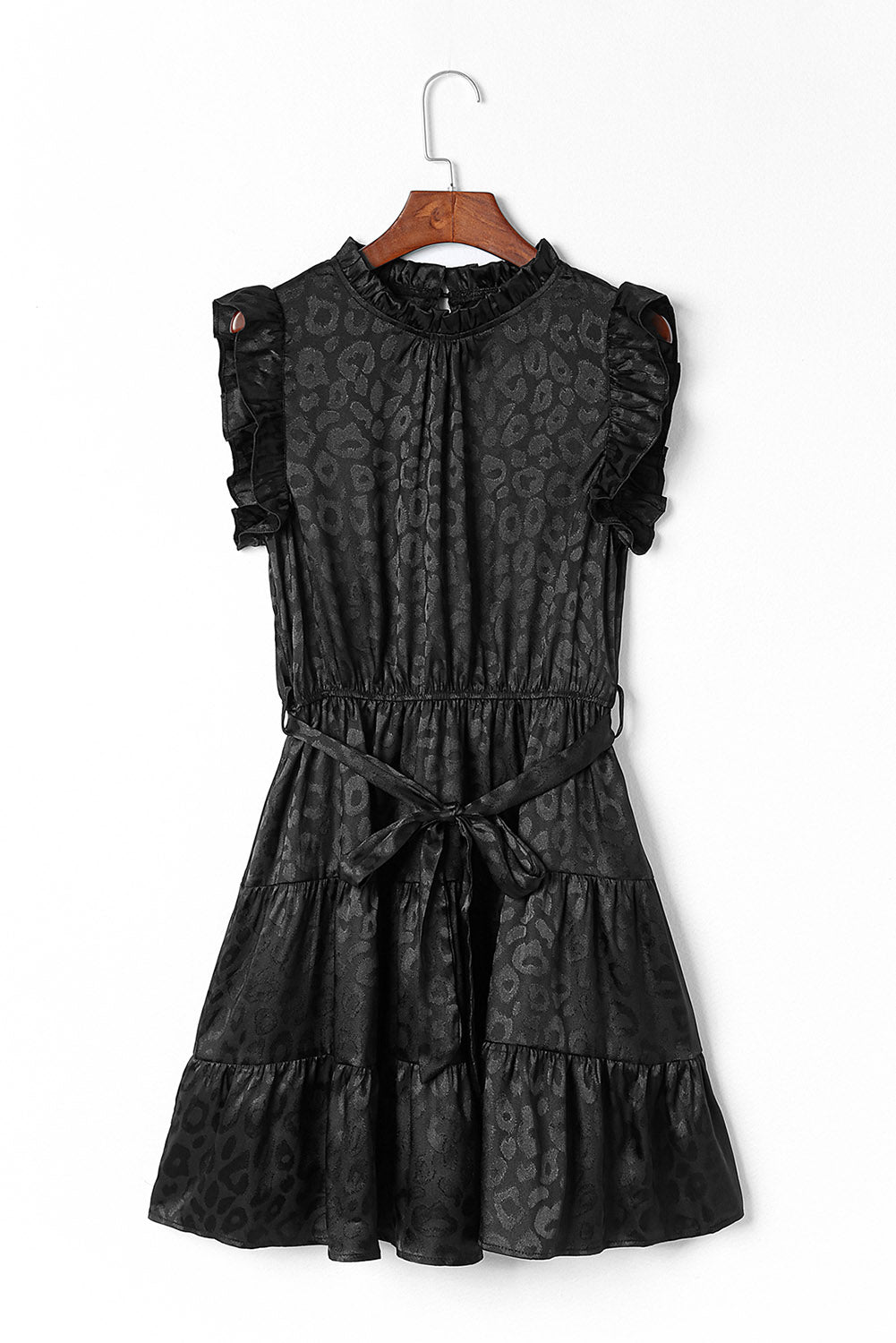 Black Satin Leopard Tie Waist Frilled Sleeveless Dress