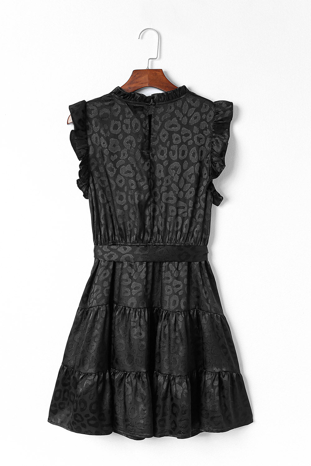 Black Satin Leopard Tie Waist Frilled Sleeveless Dress