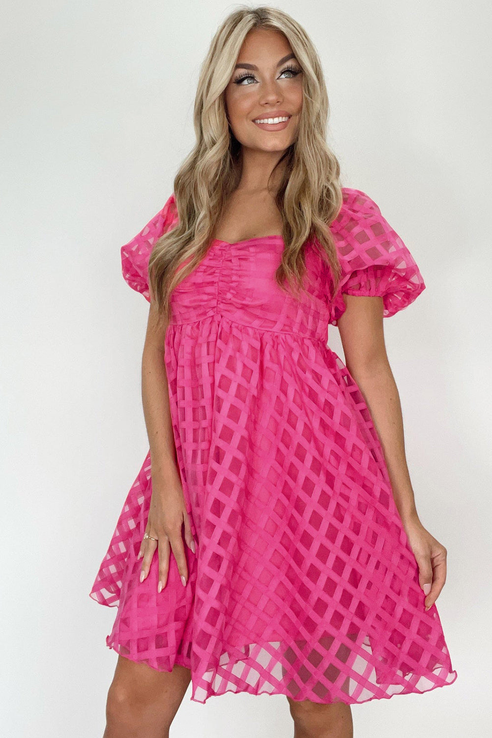 Strawberry Pink Checkered Puff Sleves Baby Doll Dress
