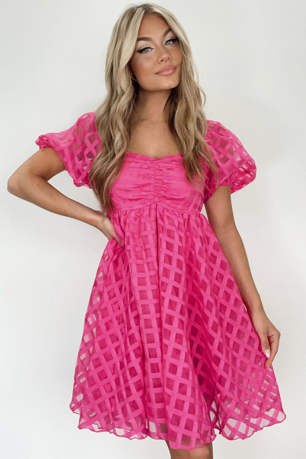 Strawberry Pink Checkered Puff Sleves Baby Doll Dress
