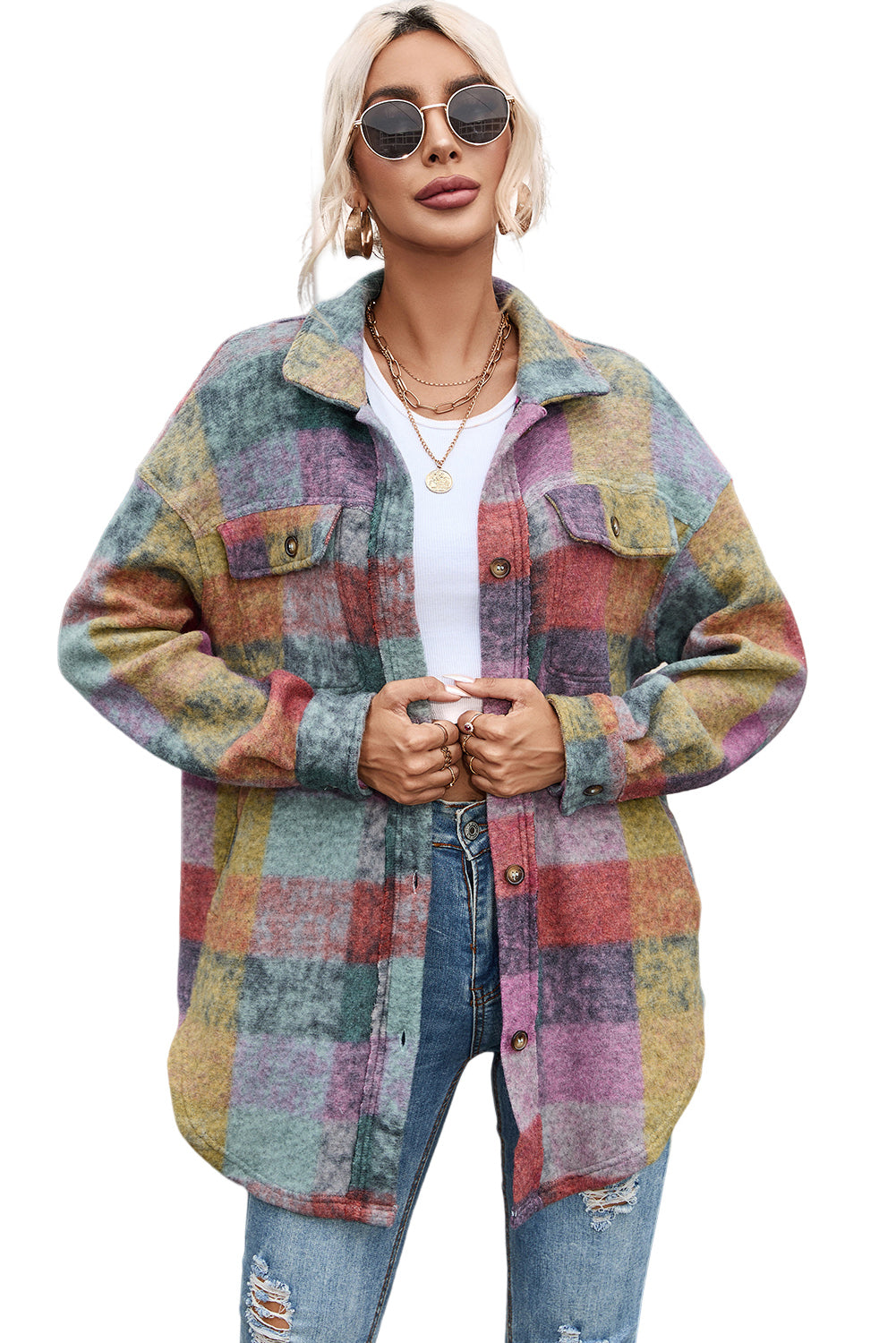 Multicolor Brushed Plaid Pocketed Oversize Shackets