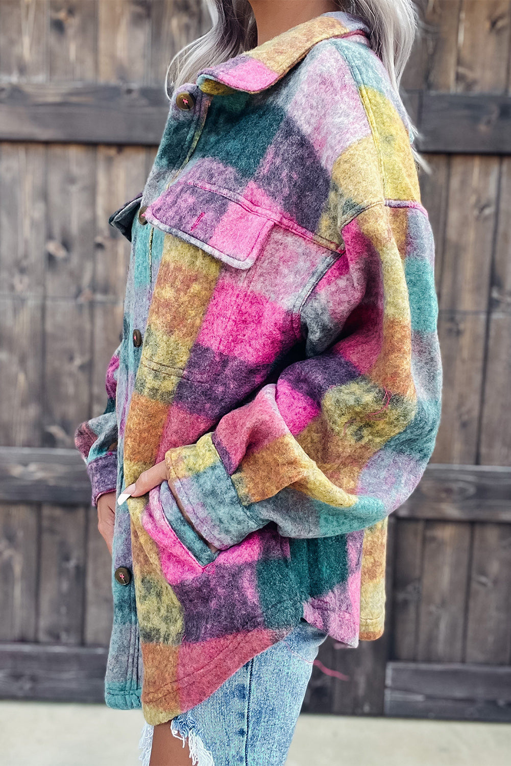Multicolor Brushed Plaid Pocketed Oversize Shackets