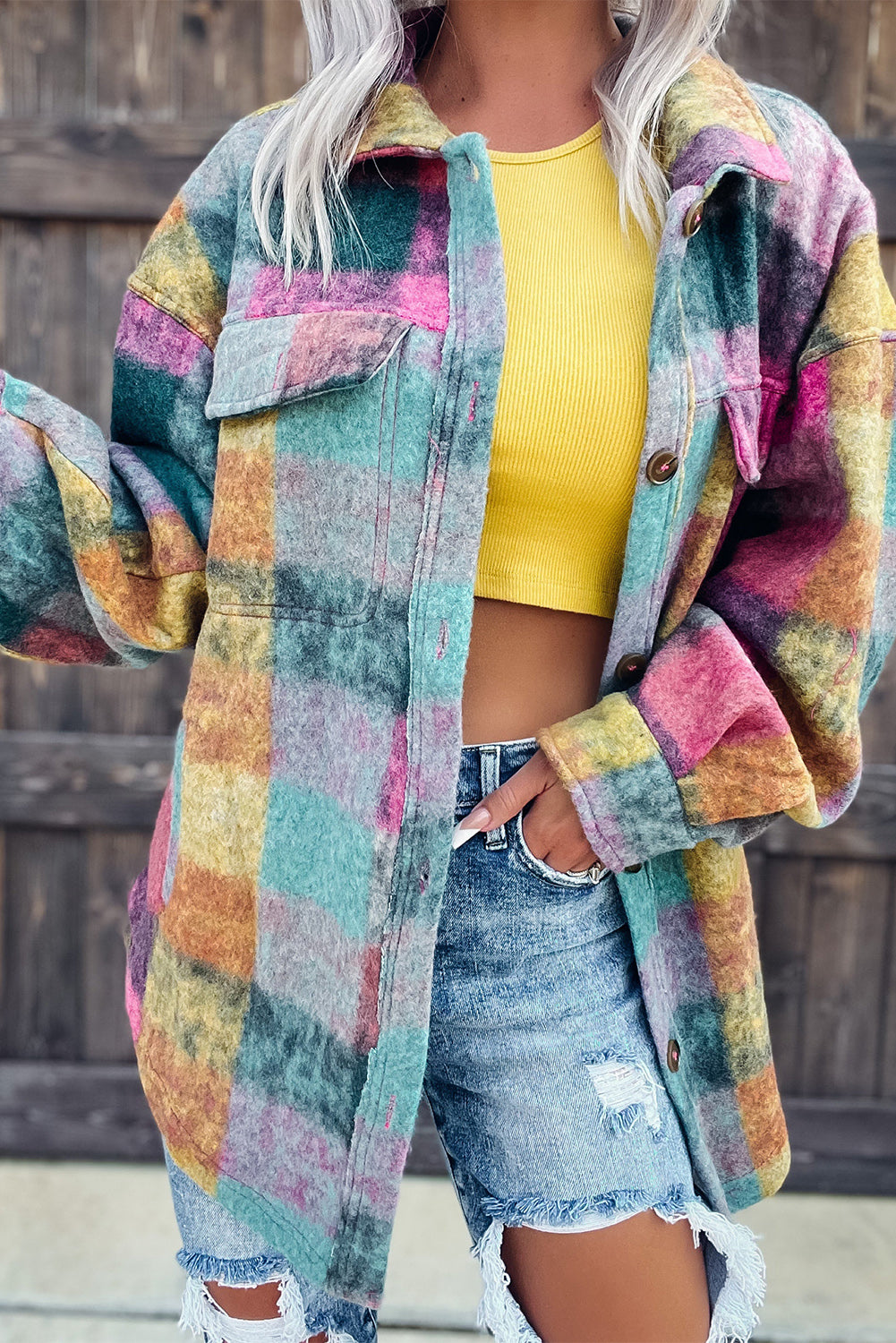 Multicolor Brushed Plaid Pocketed Oversize Shackets