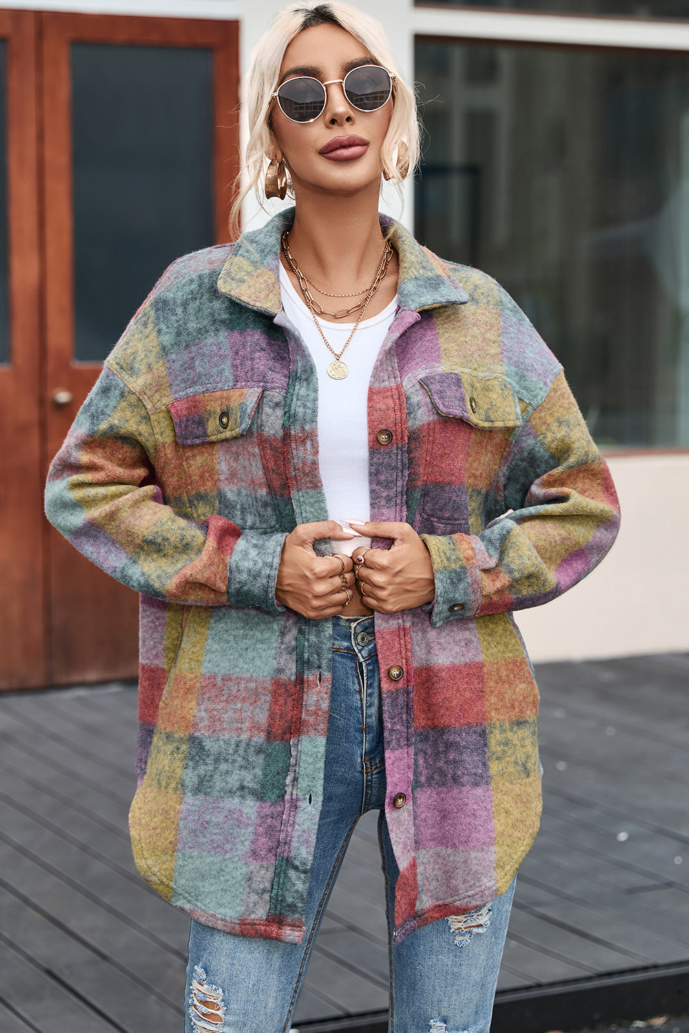 Multicolor Brushed Plaid Pocketed Oversize Shackets