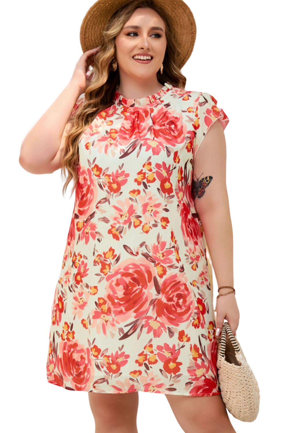 Red Plus Size Frilled Neck Ruffle Sleeveless Floral Dress