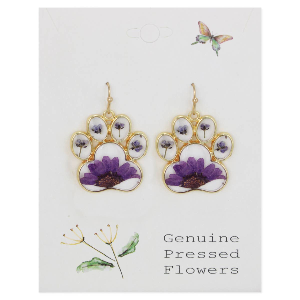 ZAD - Precious Paw Purple Dried Flower Gold Earrings