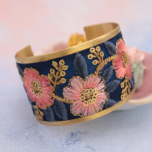 ZAD - Vintage Pink Blue Embroidered Cuff Bracelet