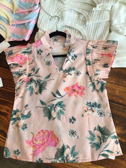 Pink Floral V-neck Top