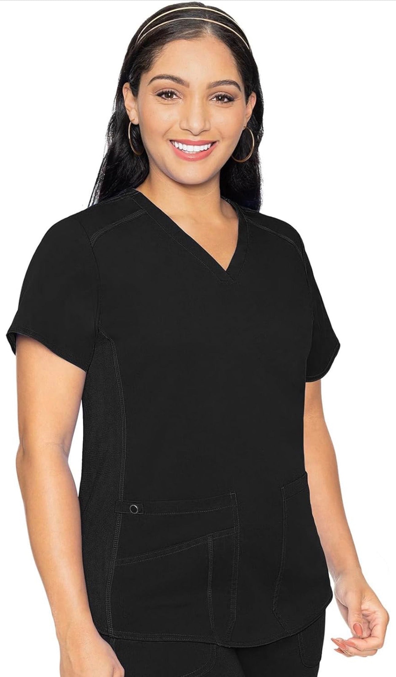 Med Couture V-Neck Scrub Top for Women with 4 Pockets, Rib-Knit Side Panel, and Shirttail Hem MC7459