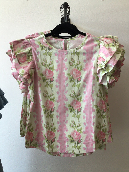 Pink Floral Ruffle Sleeve Top