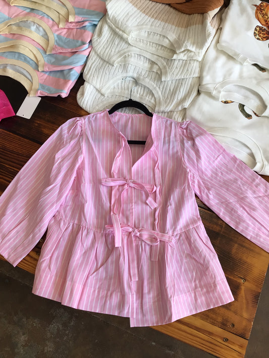 Pink and White Striped Tie Long sleeve Top