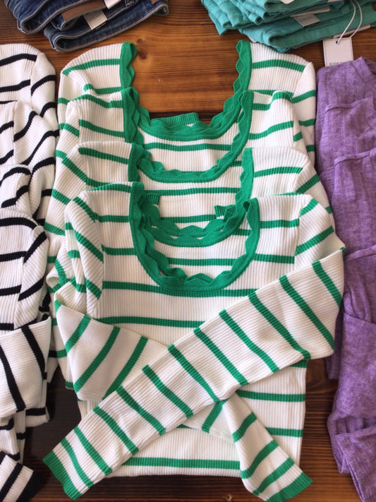 Green and White Striped Sweater
