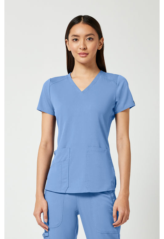 Med Couture Touch V-Neck Scrub Top for Women with 4 Pockets, Rib-Knit Side Panel, and Shirttail Hem MC7459