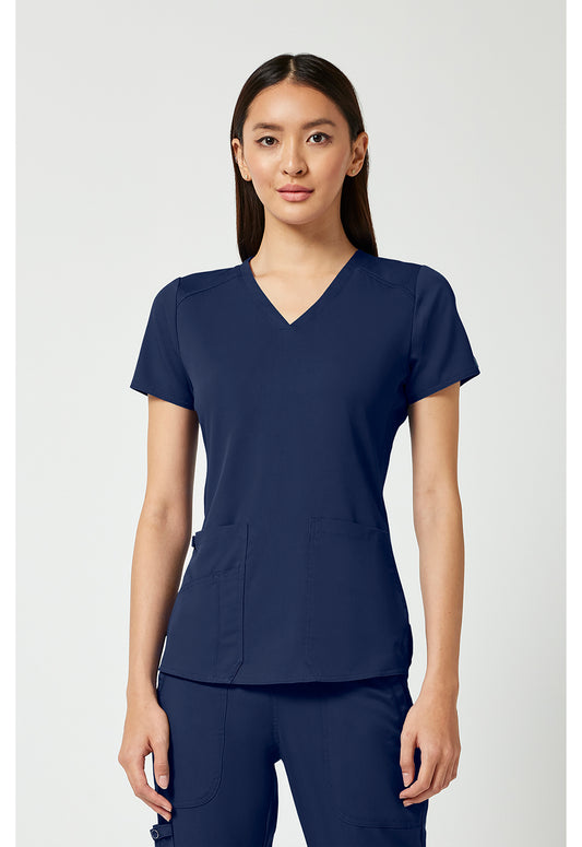 Med Couture Touch V-Neck Scrub Top for Women with 4 Pockets, Rib-Knit Side Panel, and Shirttail Hem MC7459