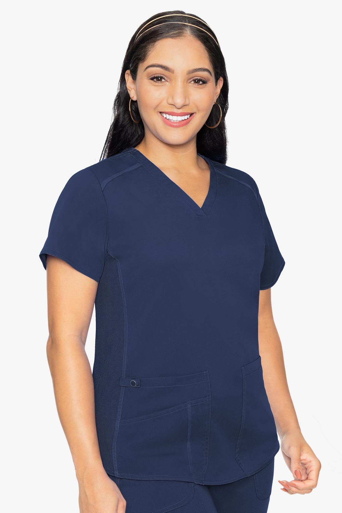Med Couture Touch V-Neck Scrub Top for Women with 4 Pockets, Rib-Knit Side Panel, and Shirttail Hem MC7459