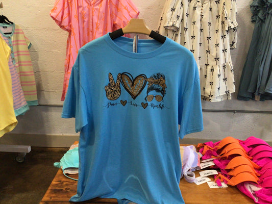 Blue peace,love, momlife tee