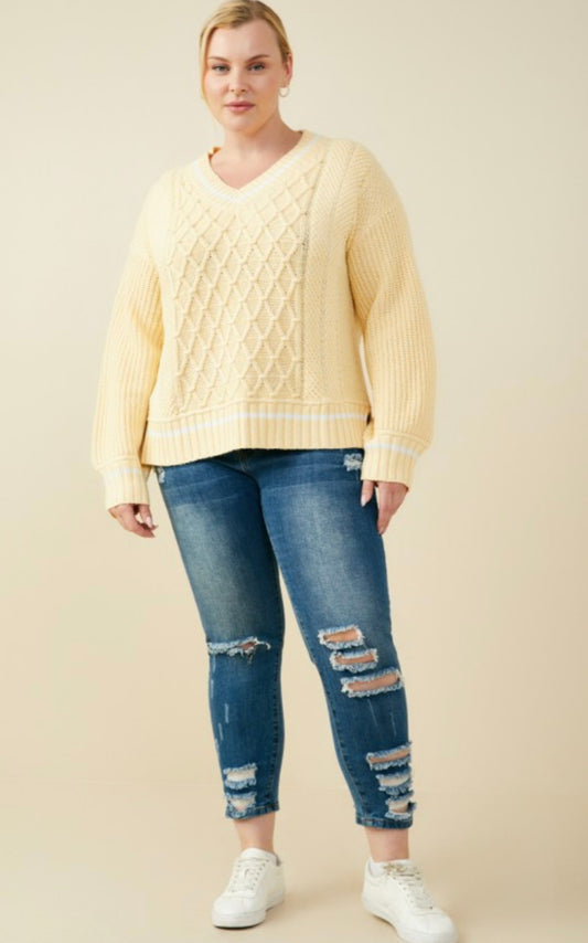 Women’s Yellow Cable Knit Sweater | Cozy V-Neck Pullover