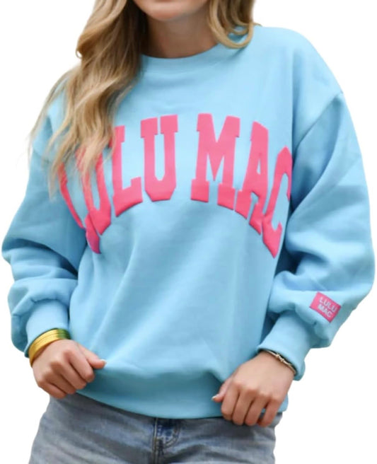 LULU MAC Signature Puff Sweatshirt - Aqua with Hot Pink
