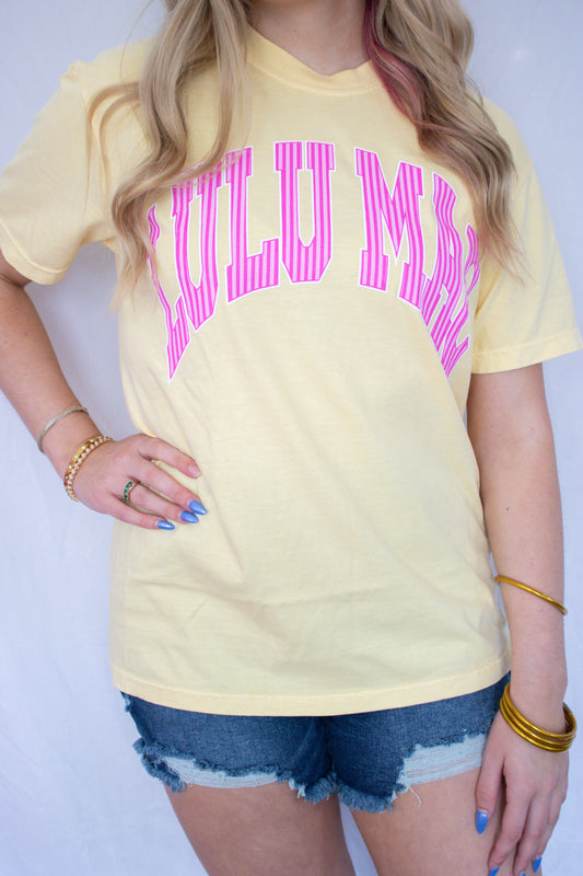LULU MAC Pink Stripe Graphic Tee – Butter Yellow - SBC