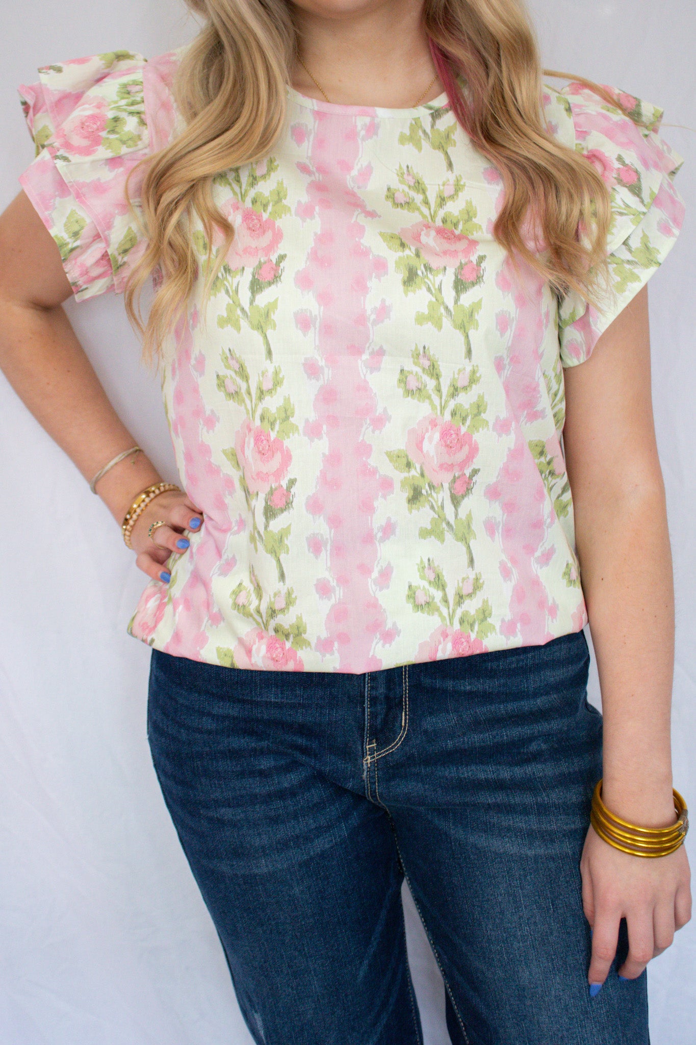 Pink Floral Ruffle Sleeve Top