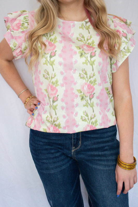 Pink Floral Ruffle Sleeve Top