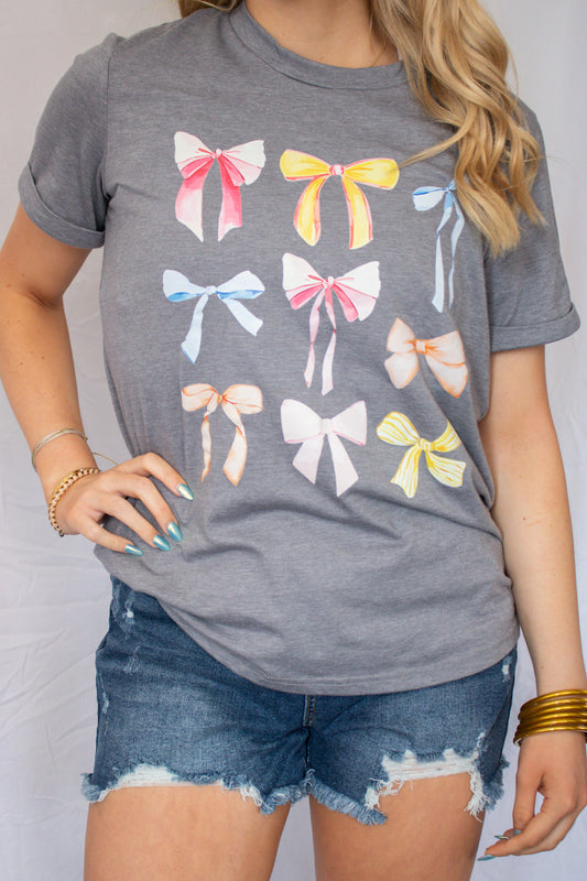 Gray Bowknots Round Neck Tee