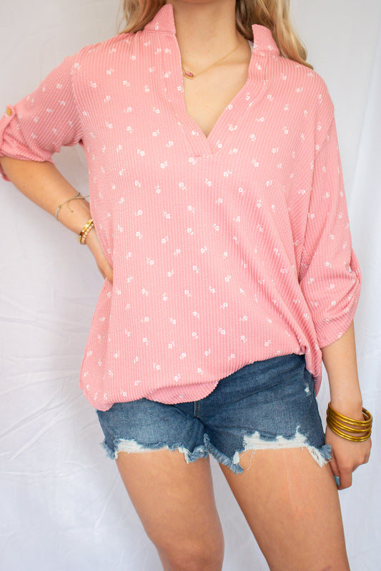 Pink Ribbed Flower Long sleeve Top