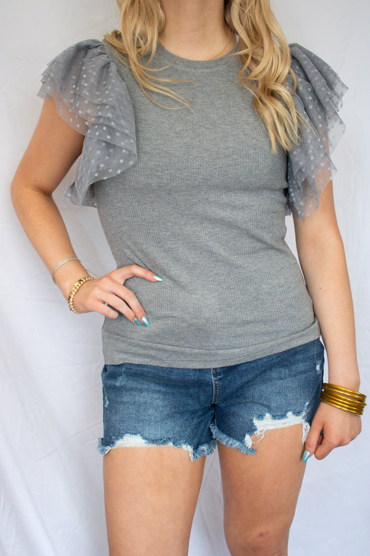 Dotty Mesh Ruffle Sleeve Ribbed Tops