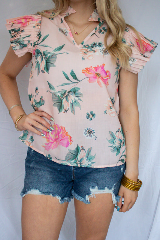 Pink Floral V-neck Top
