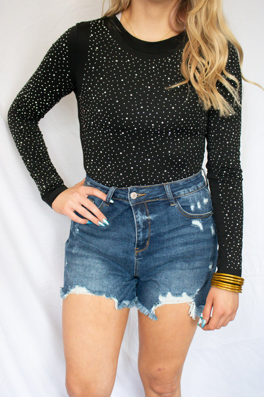 Rhinestone O-neck Long Sleeve Bodysuit