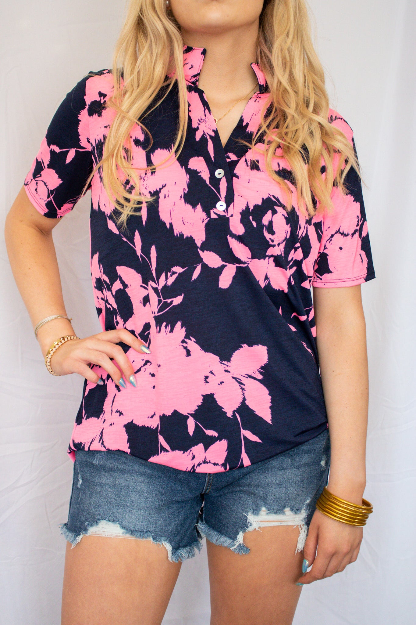 Navy & Hot Pink Floral Tee