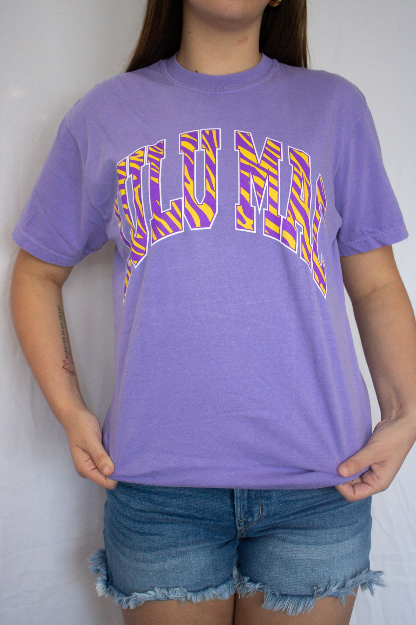 LULU MAC Comfort Colors Tiger Stripe Shirt - Purple and Gold
