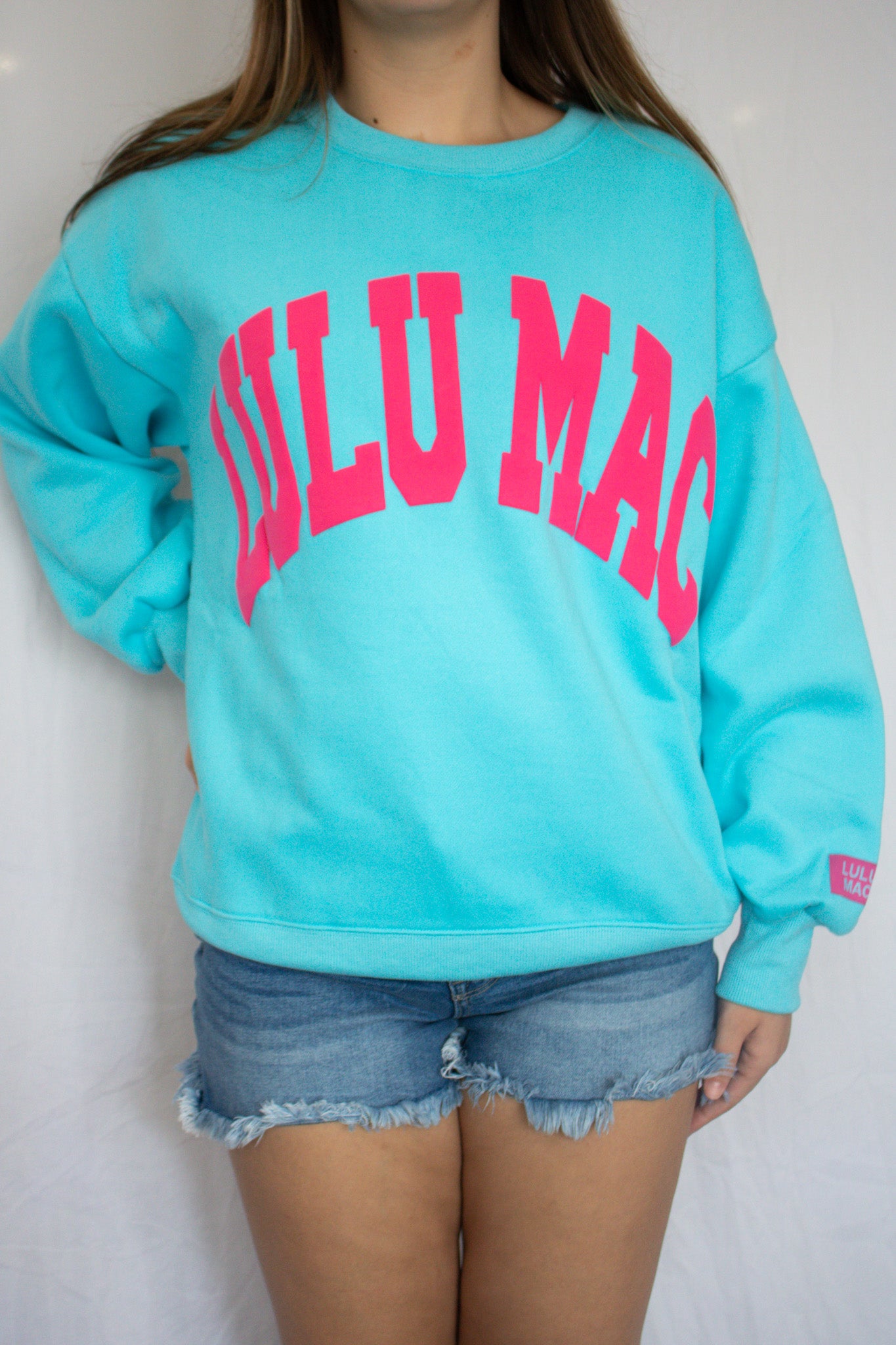 LULU MAC Signature Puff Sweatshirt - Aqua with Hot Pink